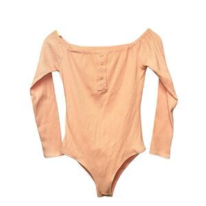 Womens Peach Coral Long Sleeve Bodysuit Top Size M Off The Shoulder Ribbed Snap